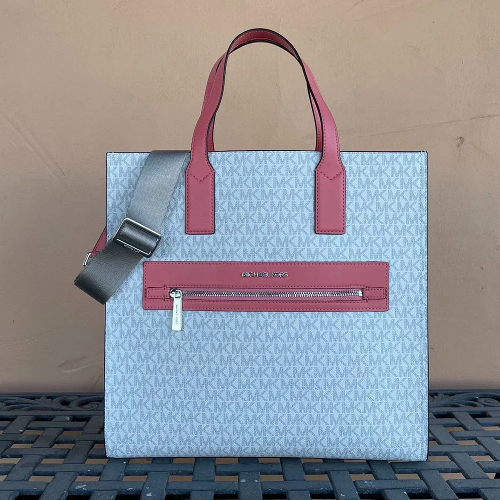 Michael Kors Kenly Large NS Tote Satchel Shoulder Bag MK White Grapefruit Pink